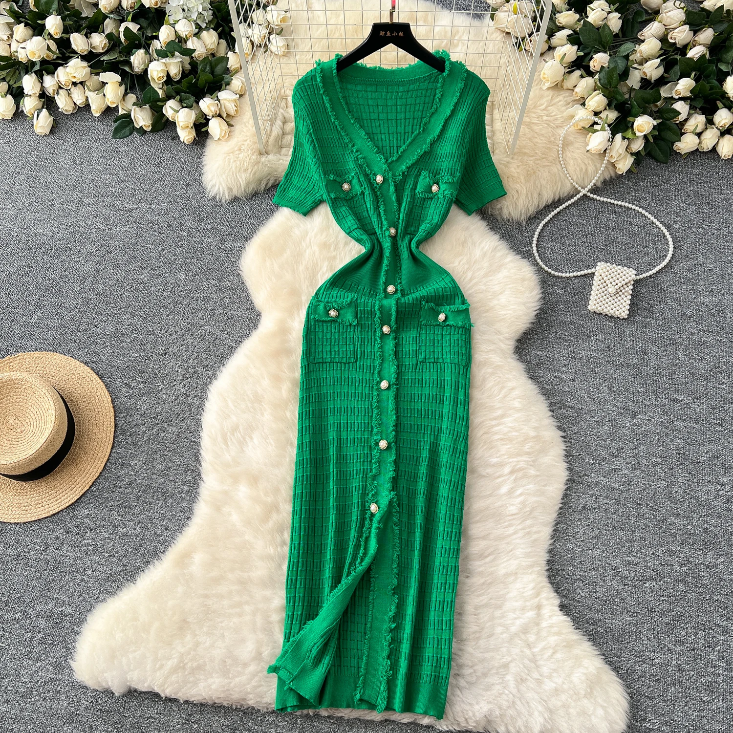 SINGREINY High Quality Elastic Knitted Long Sundress Women Short Sleeves Button Design Office Lady Vintage Split Slim Dress
