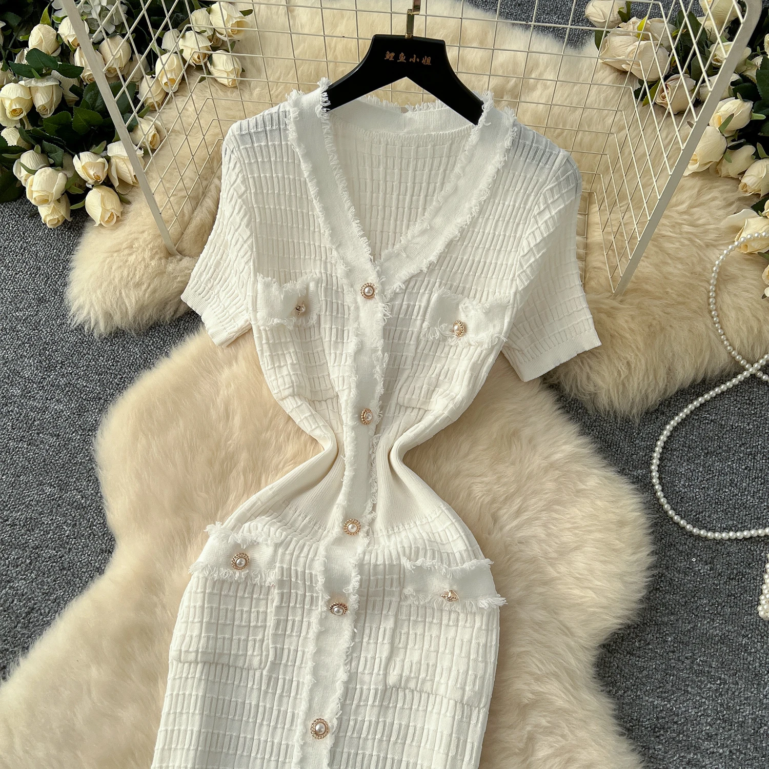 SINGREINY High Quality Elastic Knitted Long Sundress Women Short Sleeves Button Design Office Lady Vintage Split Slim Dress