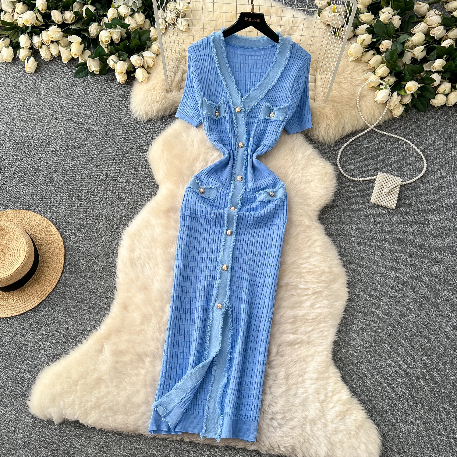 SINGREINY High Quality Elastic Knitted Long Sundress Women Short Sleeves Button Design Office Lady Vintage Split Slim Dress