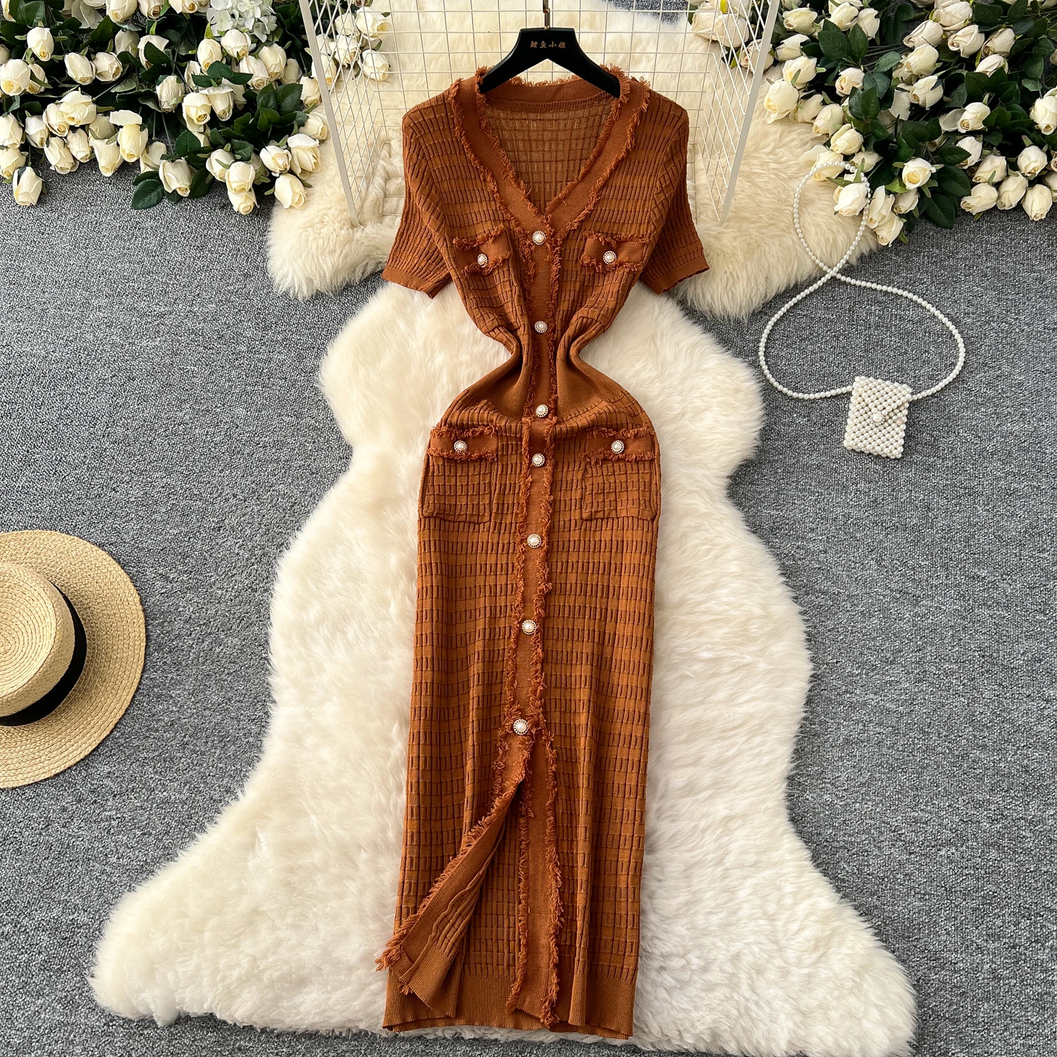 SINGREINY High Quality Elastic Knitted Long Sundress Women Short Sleeves Button Design Office Lady Vintage Split Slim Dress