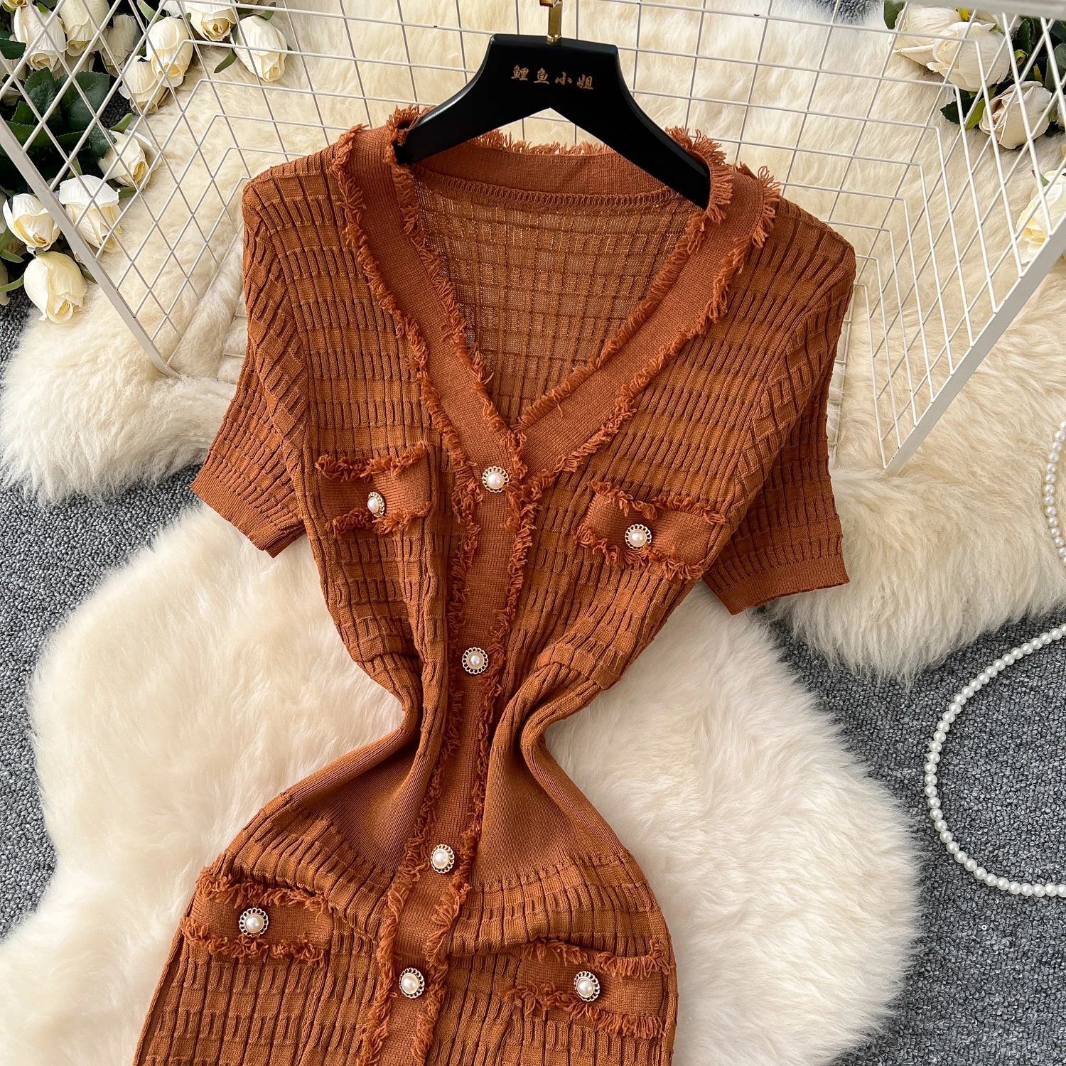 SINGREINY High Quality Elastic Knitted Long Sundress Women Short Sleeves Button Design Office Lady Vintage Split Slim Dress