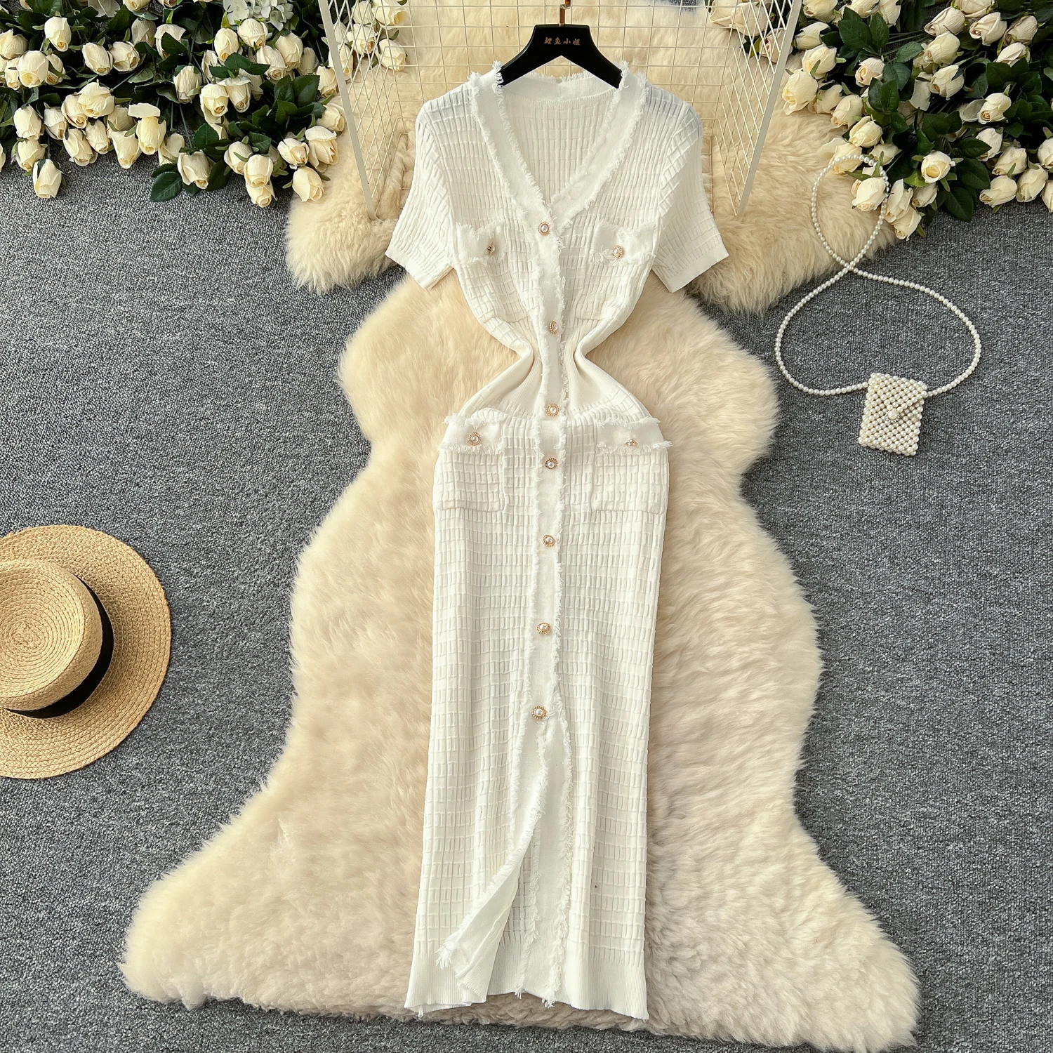 SINGREINY High Quality Elastic Knitted Long Sundress Women Short Sleeves Button Design Office Lady Vintage Split Slim Dress
