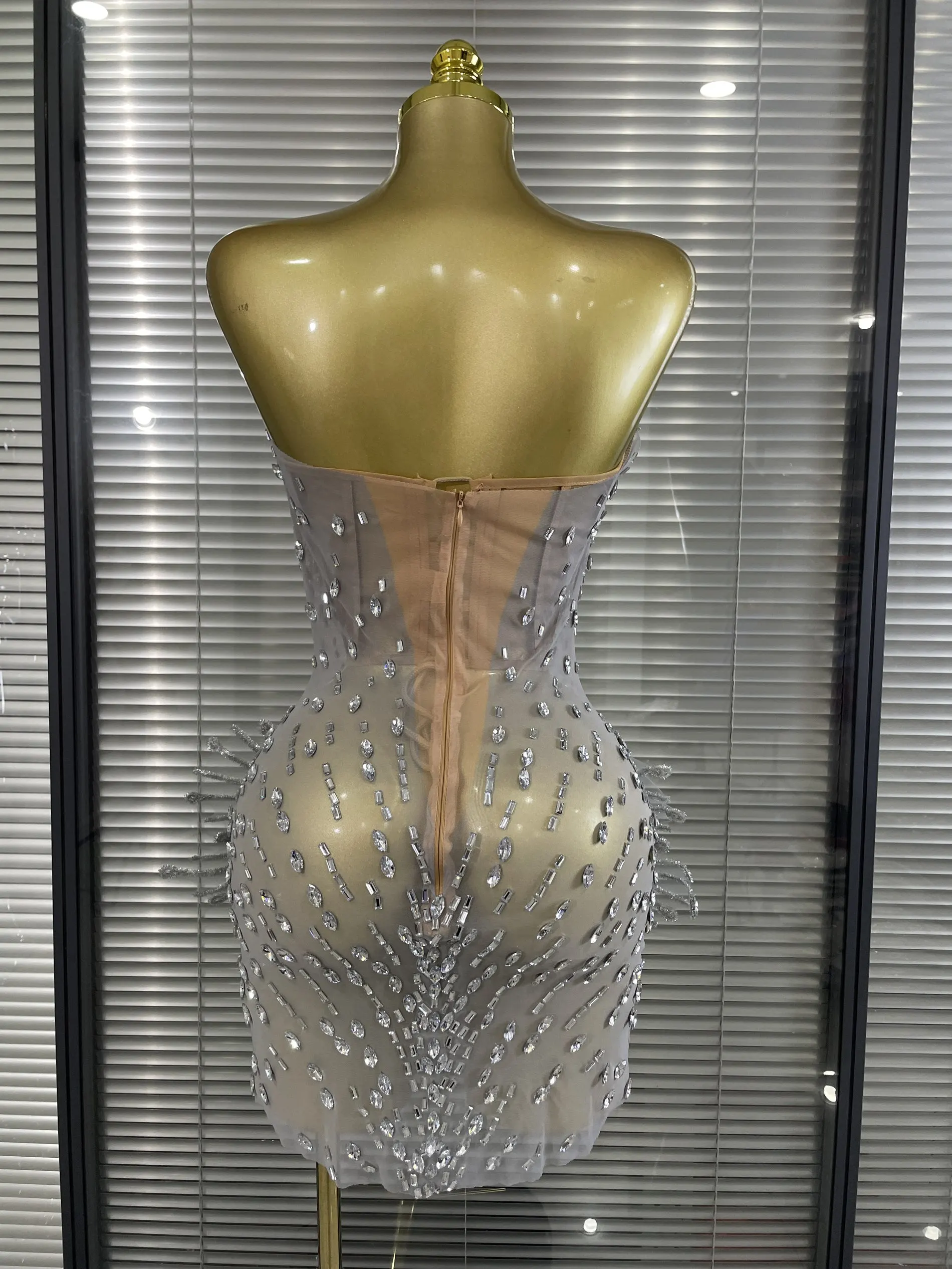 Luxury Women Sexy Silver Sparkly Diamonds Strapless Mini Dress Birthday Performance Costume Singer Stage Nightclub Outfit