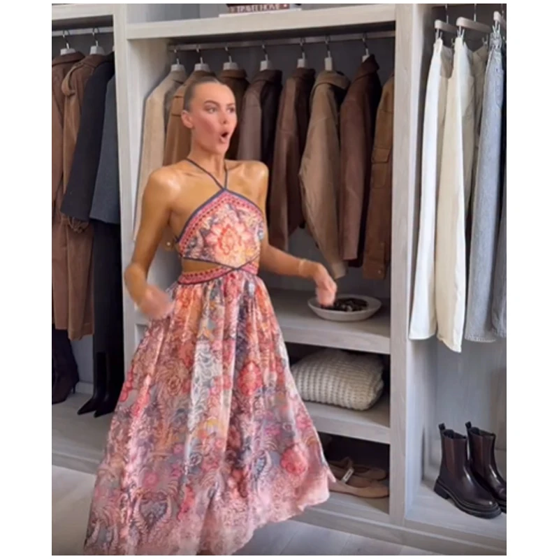 Floral Print Halter Dress Women Chic V-neck Sleeveless Backless Waist-cinching Maxi Dresses 2026 New Summer Lady Vacation Robes