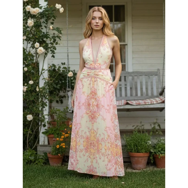 Floral Print Halter Dress Women Chic V-neck Sleeveless Backless Waist-cinching Maxi Dresses 2026 New Summer Lady Vacation Robes