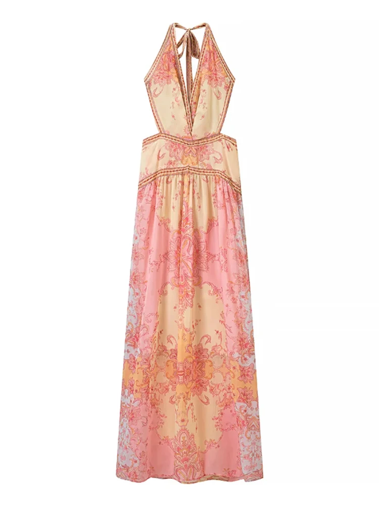 Floral Print Halter Dress Women Chic V-neck Sleeveless Backless Waist-cinching Maxi Dresses 2026 New Summer Lady Vacation Robes