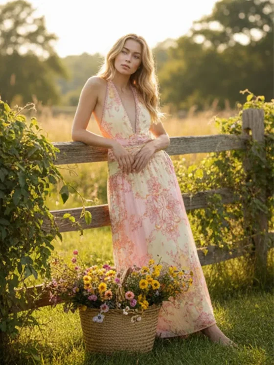 Floral Print Halter Dress Women Chic V-neck Sleeveless Backless Waist-cinching Maxi Dresses 2026 New Summer Lady Vacation Robes