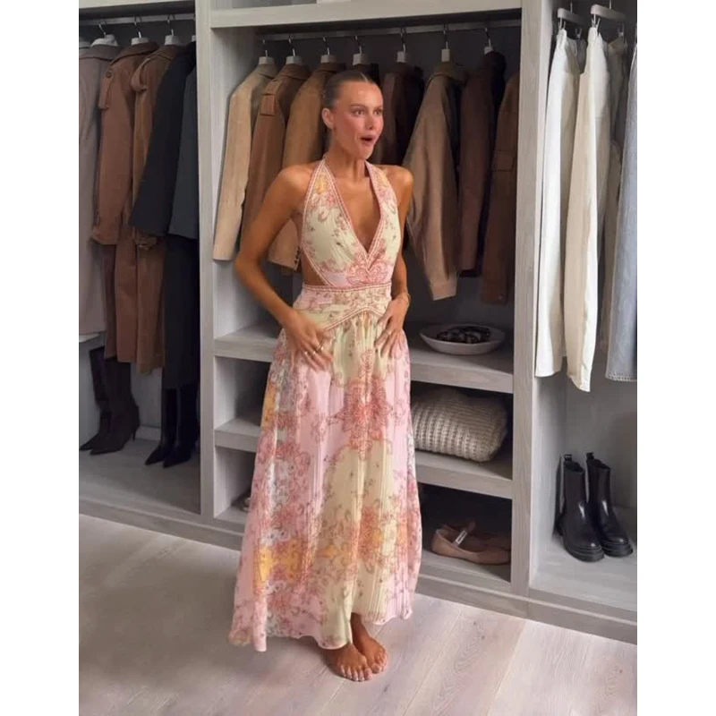 Floral Print Halter Dress Women Chic V-neck Sleeveless Backless Waist-cinching Maxi Dresses 2026 New Summer Lady Vacation Robes
