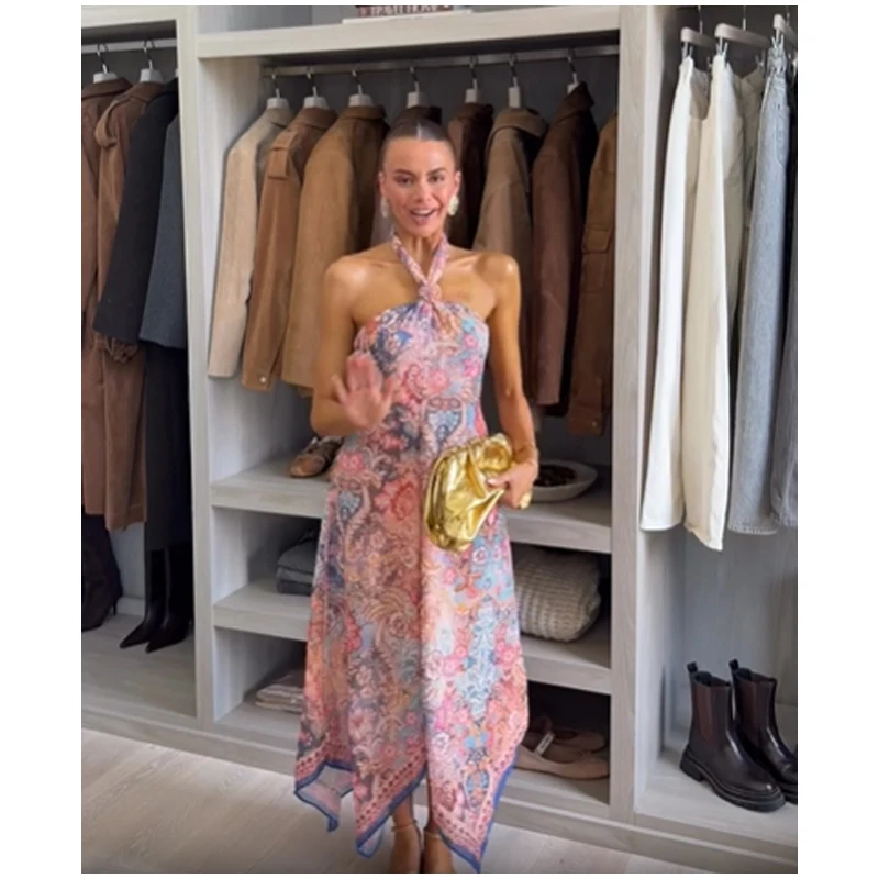 Floral Print Halter Dress Women Chic V-neck Sleeveless Backless Waist-cinching Maxi Dresses 2026 New Summer Lady Vacation Robes
