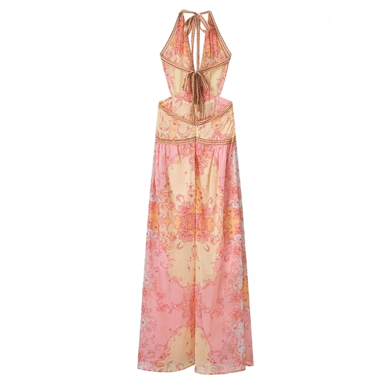 Floral Print Halter Dress Women Chic V-neck Sleeveless Backless Waist-cinching Maxi Dresses 2026 New Summer Lady Vacation Robes