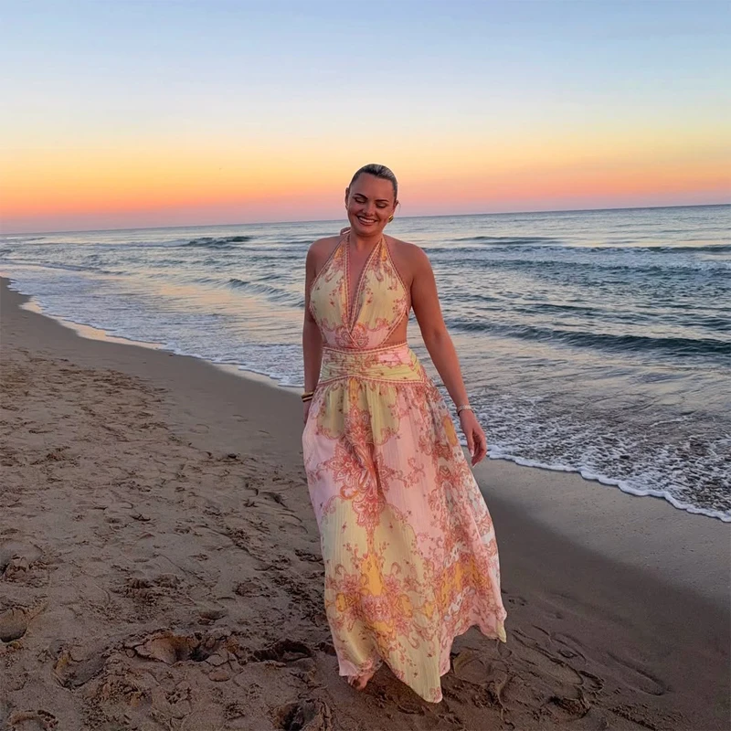 Floral Print Halter Dress Women Chic V-neck Sleeveless Backless Waist-cinching Maxi Dresses 2026 New Summer Lady Vacation Robes