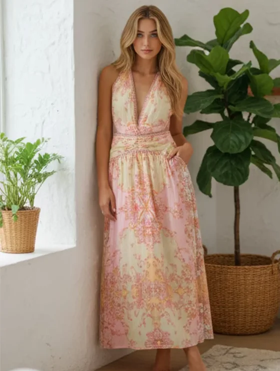 Floral Print Halter Dress Women Chic V-neck Sleeveless Backless Waist-cinching Maxi Dresses 2026 New Summer Lady Vacation Robes