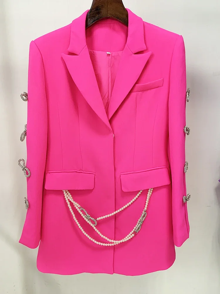 HIGH STREET Newest 2026 Designer Stylish Fashion Women's Pearls Chain Diamonds Beaded Hollow Out Bow Sleeve Blazer Dress