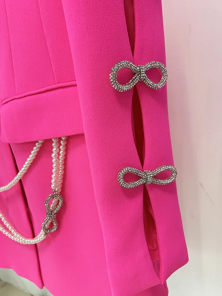 HIGH STREET Newest 2026 Designer Stylish Fashion Women's Pearls Chain Diamonds Beaded Hollow Out Bow Sleeve Blazer Dress