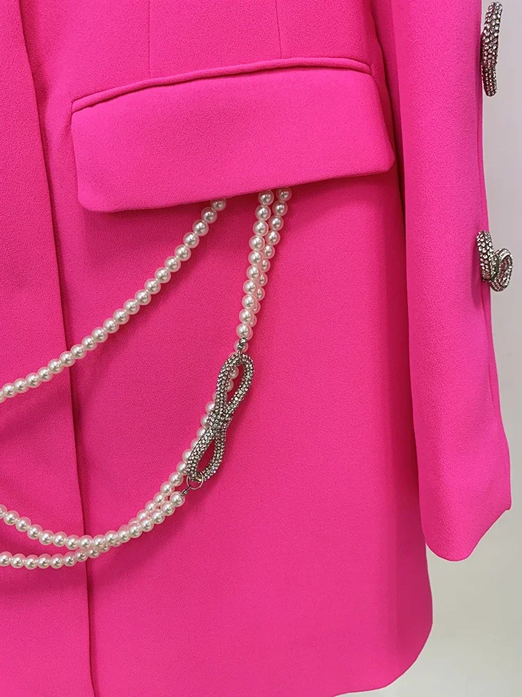 HIGH STREET Newest 2026 Designer Stylish Fashion Women's Pearls Chain Diamonds Beaded Hollow Out Bow Sleeve Blazer Dress
