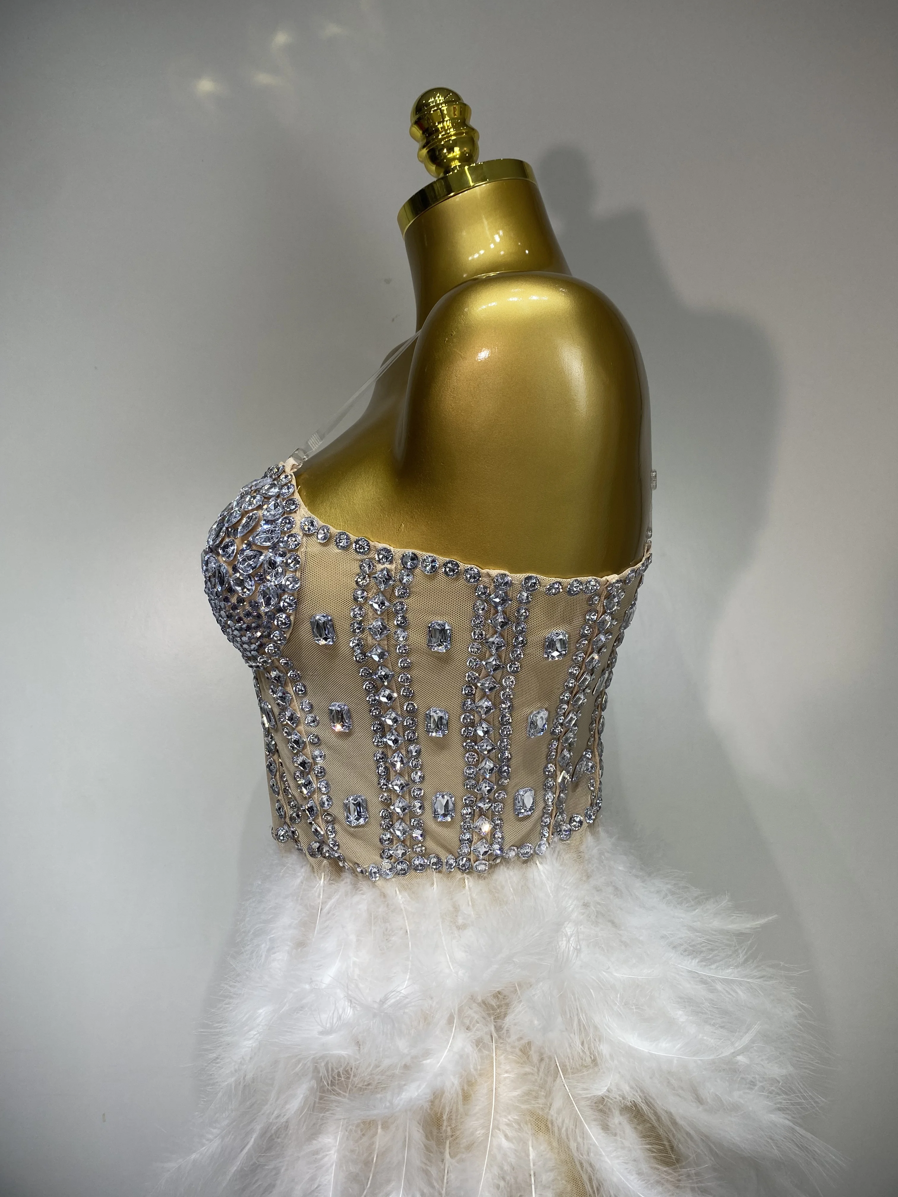 Women Sexy Sparkly Rhinestone Feather Mesh Long Dress Elegant Evening Party Celebrate Luxury Birthday Singer Stage Costume