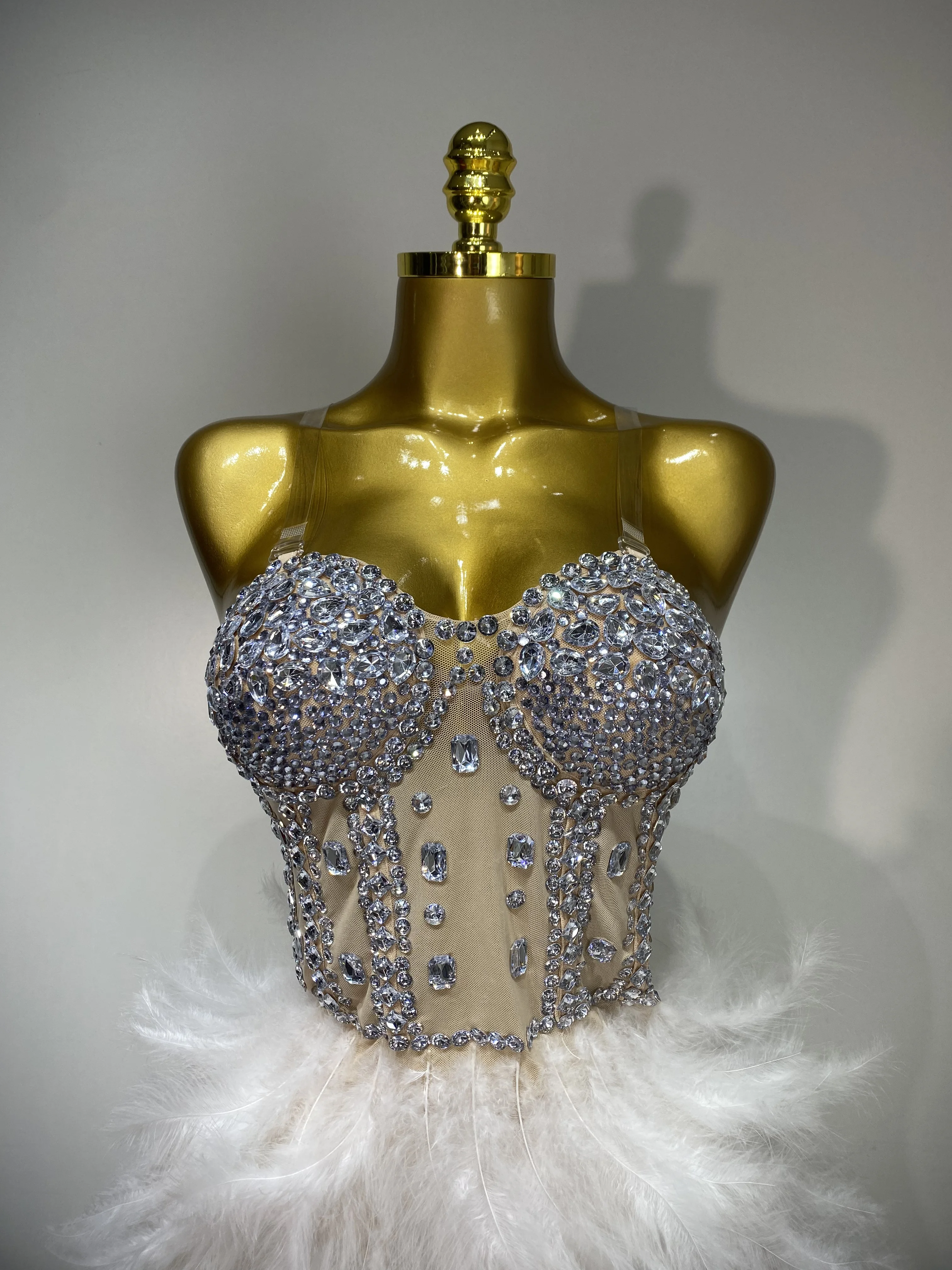Women Sexy Sparkly Rhinestone Feather Mesh Long Dress Elegant Evening Party Celebrate Luxury Birthday Singer Stage Costume