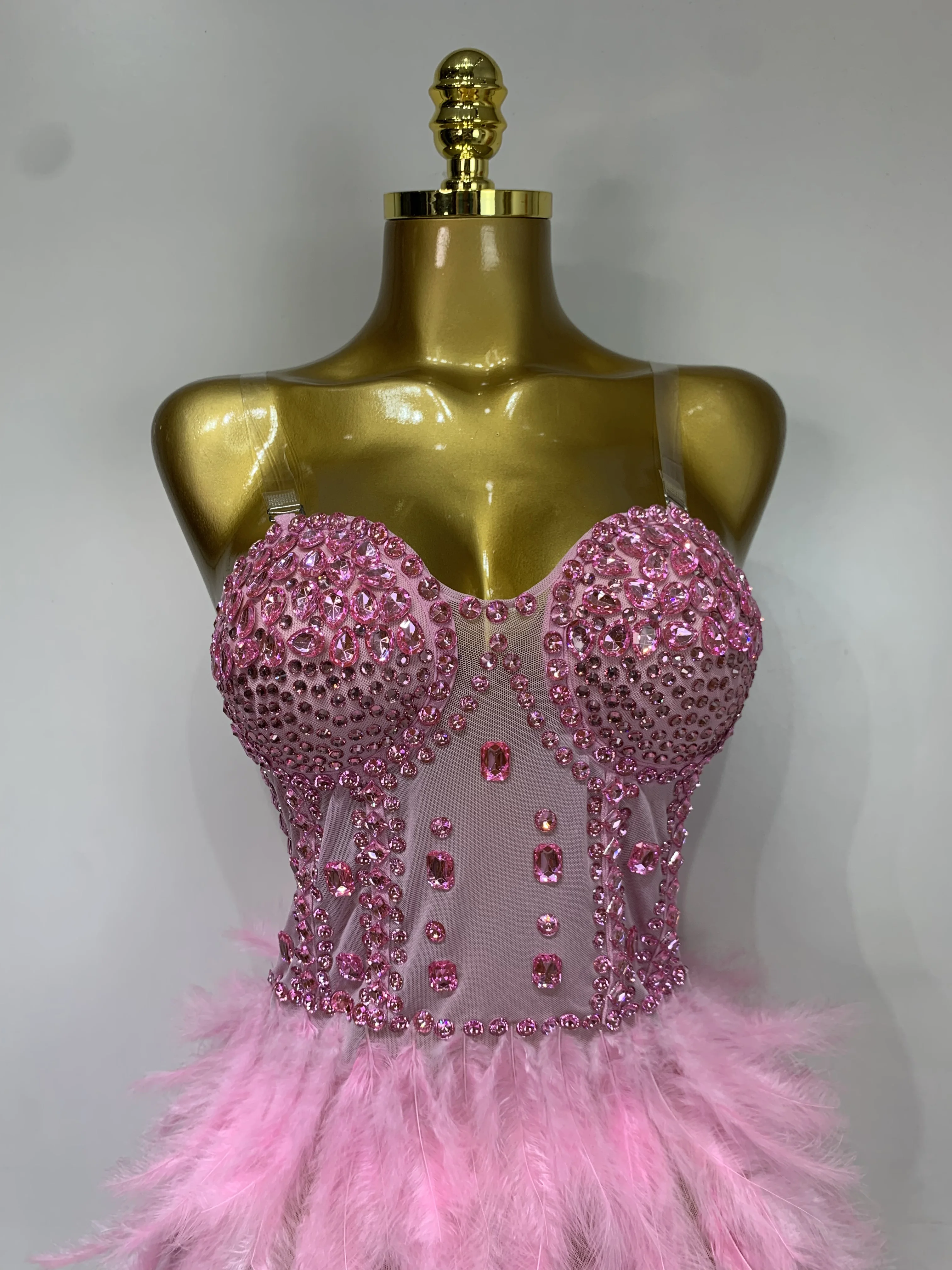 Women Sexy Sparkly Rhinestone Feather Mesh Long Dress Elegant Evening Party Celebrate Luxury Birthday Singer Stage Costume