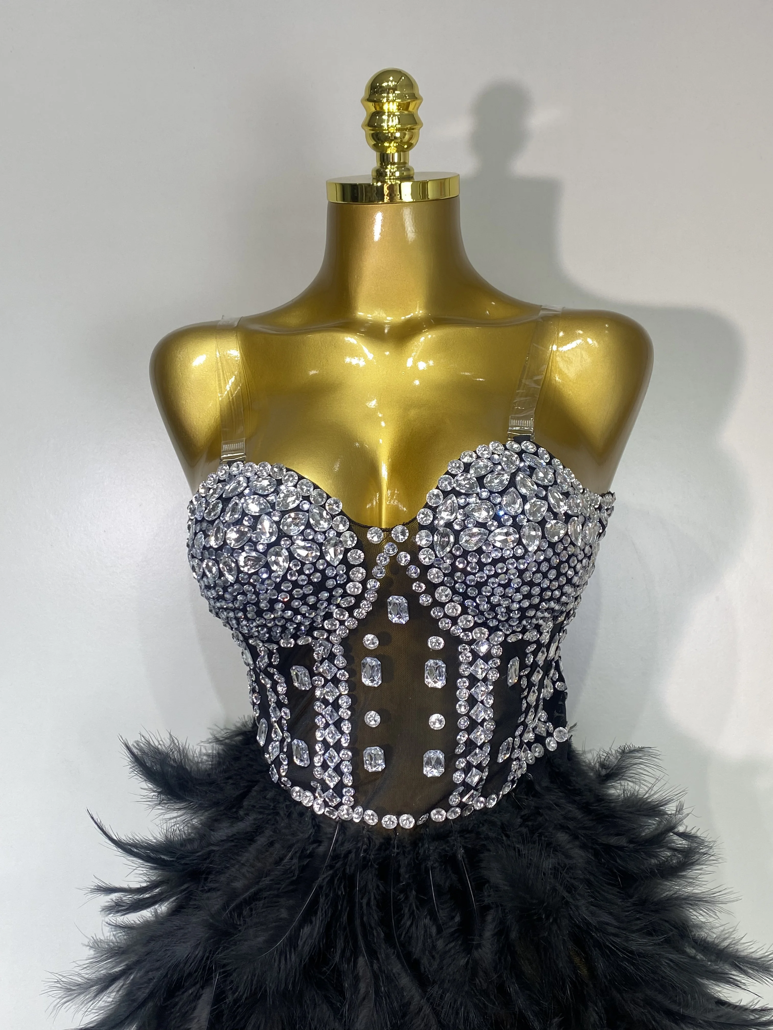 Women Sexy Sparkly Rhinestone Feather Mesh Long Dress Elegant Evening Party Celebrate Luxury Birthday Singer Stage Costume