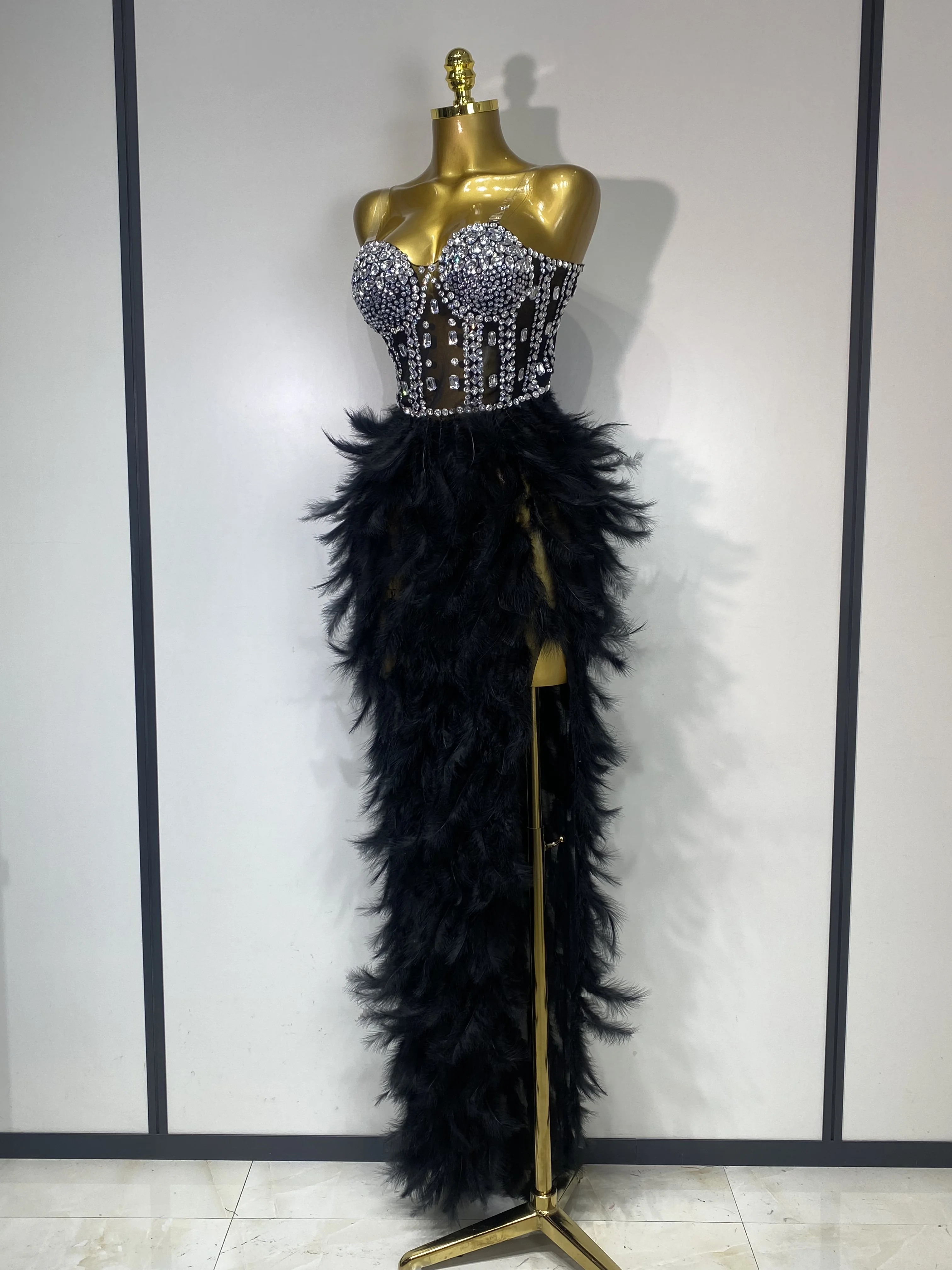Women Sexy Sparkly Rhinestone Feather Mesh Long Dress Elegant Evening Party Celebrate Luxury Birthday Singer Stage Costume