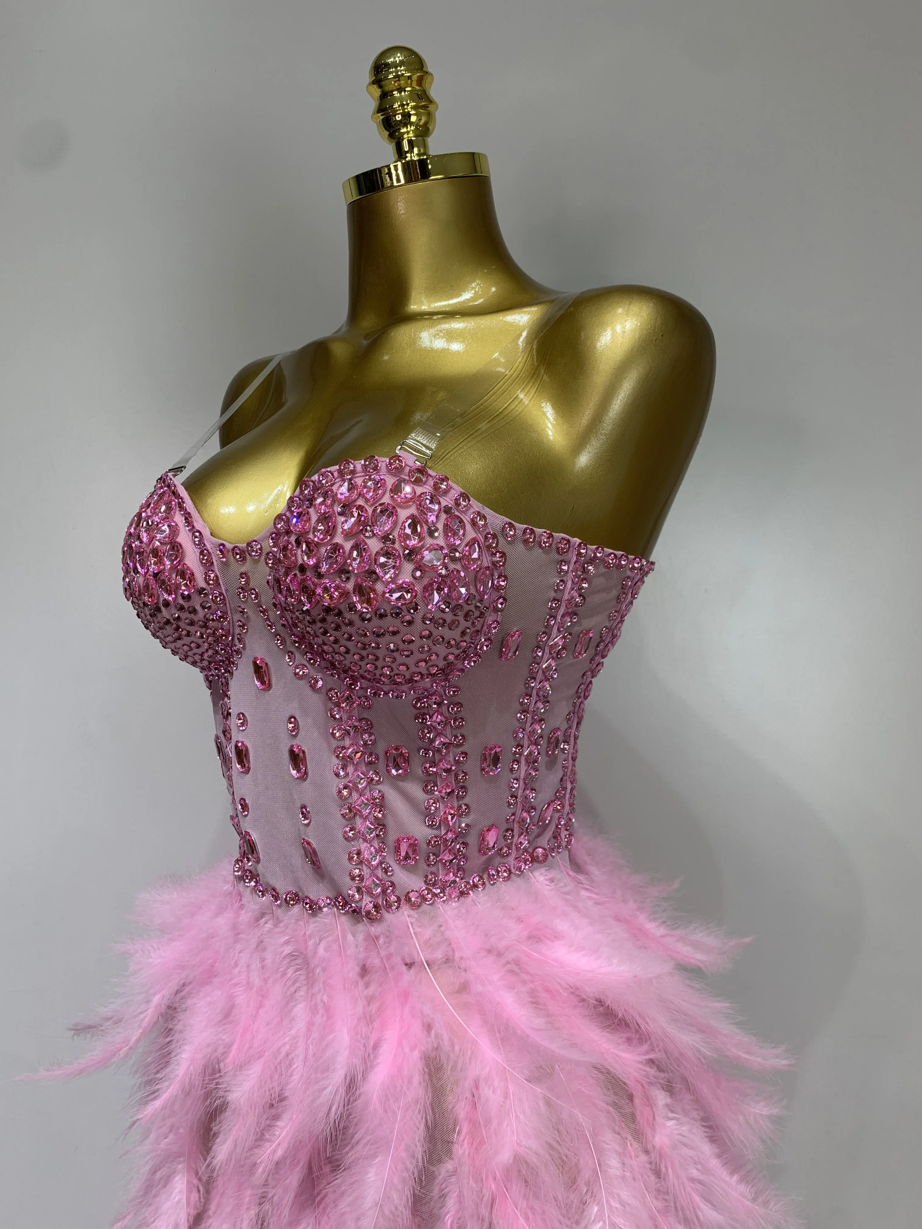 Women Sexy Sparkly Rhinestone Feather Mesh Long Dress Elegant Evening Party Celebrate Luxury Birthday Singer Stage Costume
