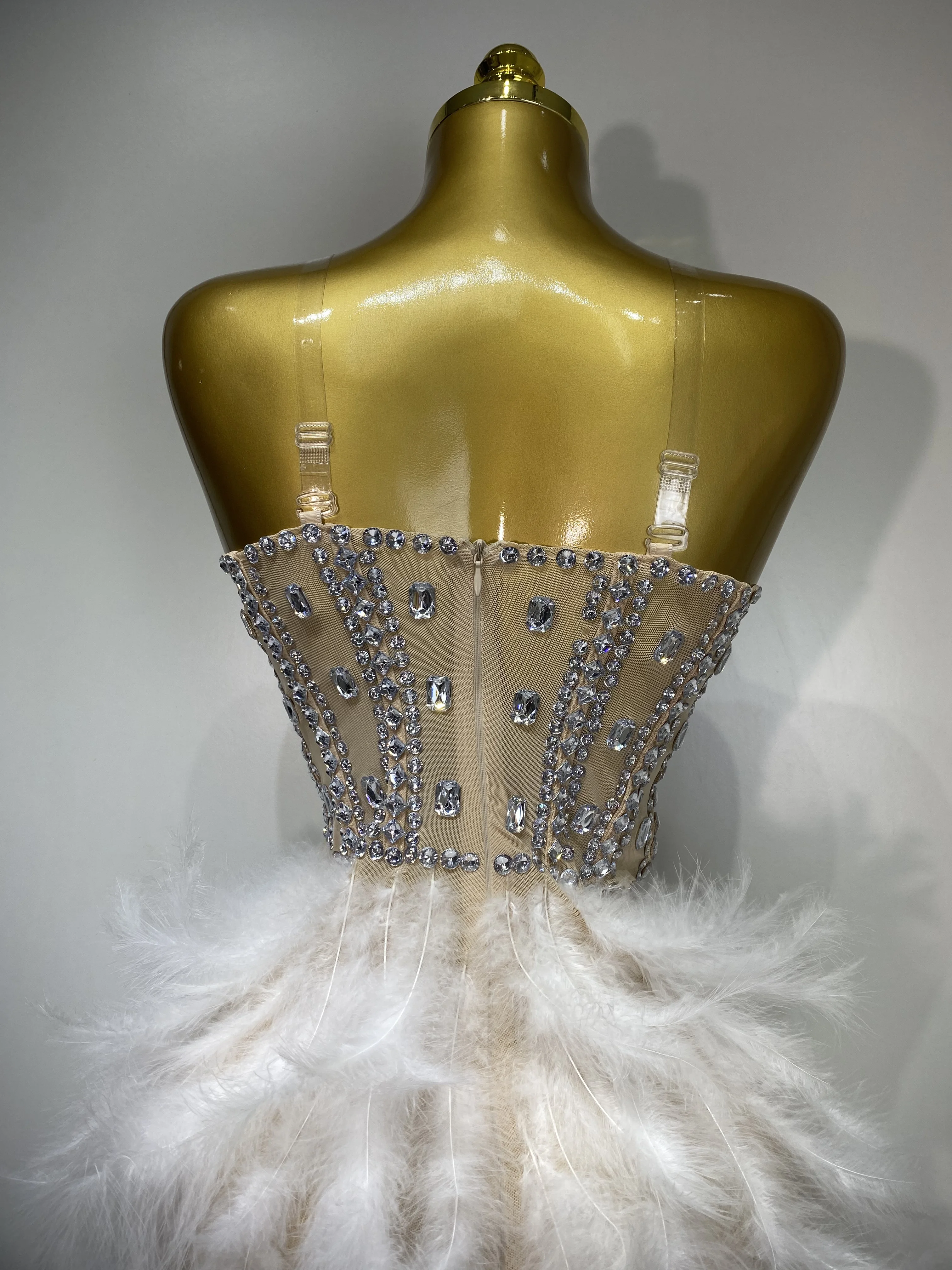 Women Sexy Sparkly Rhinestone Feather Mesh Long Dress Elegant Evening Party Celebrate Luxury Birthday Singer Stage Costume