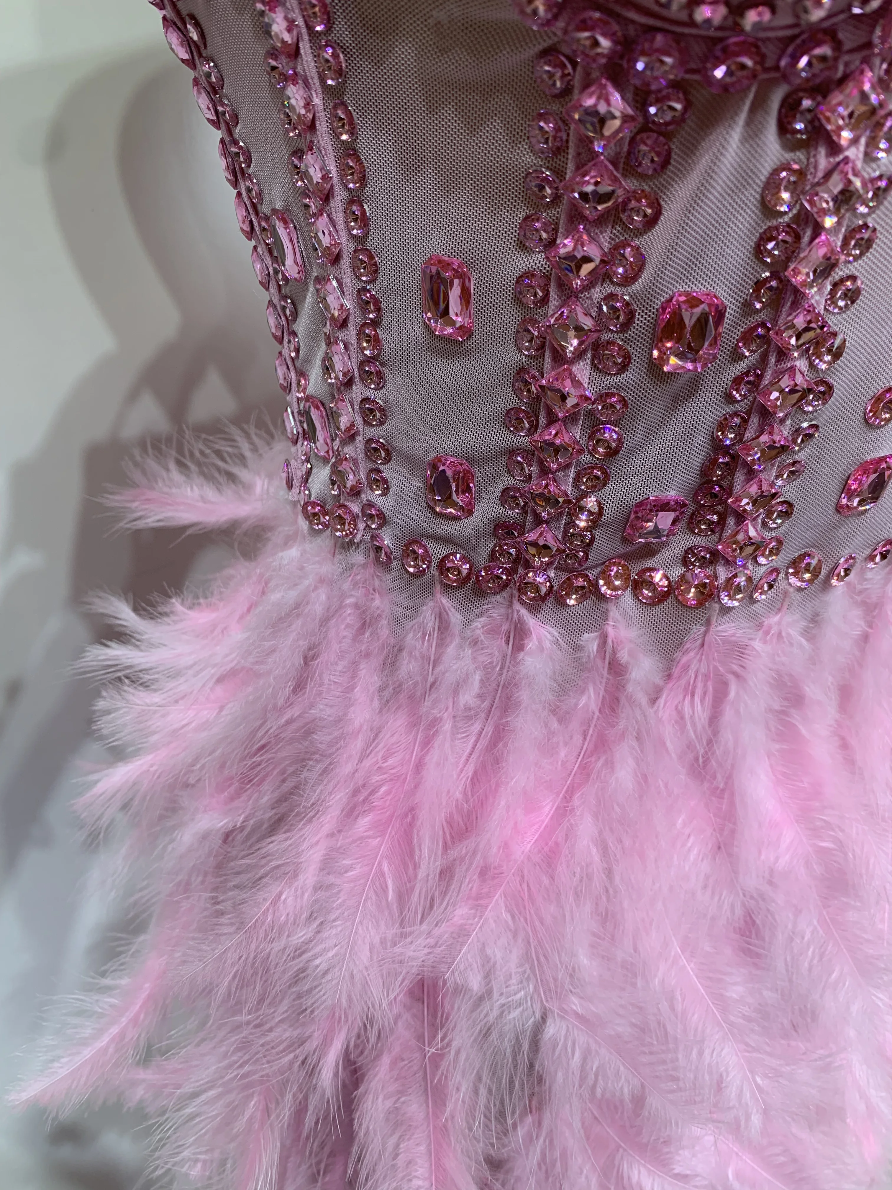 Women Sexy Sparkly Rhinestone Feather Mesh Long Dress Elegant Evening Party Celebrate Luxury Birthday Singer Stage Costume