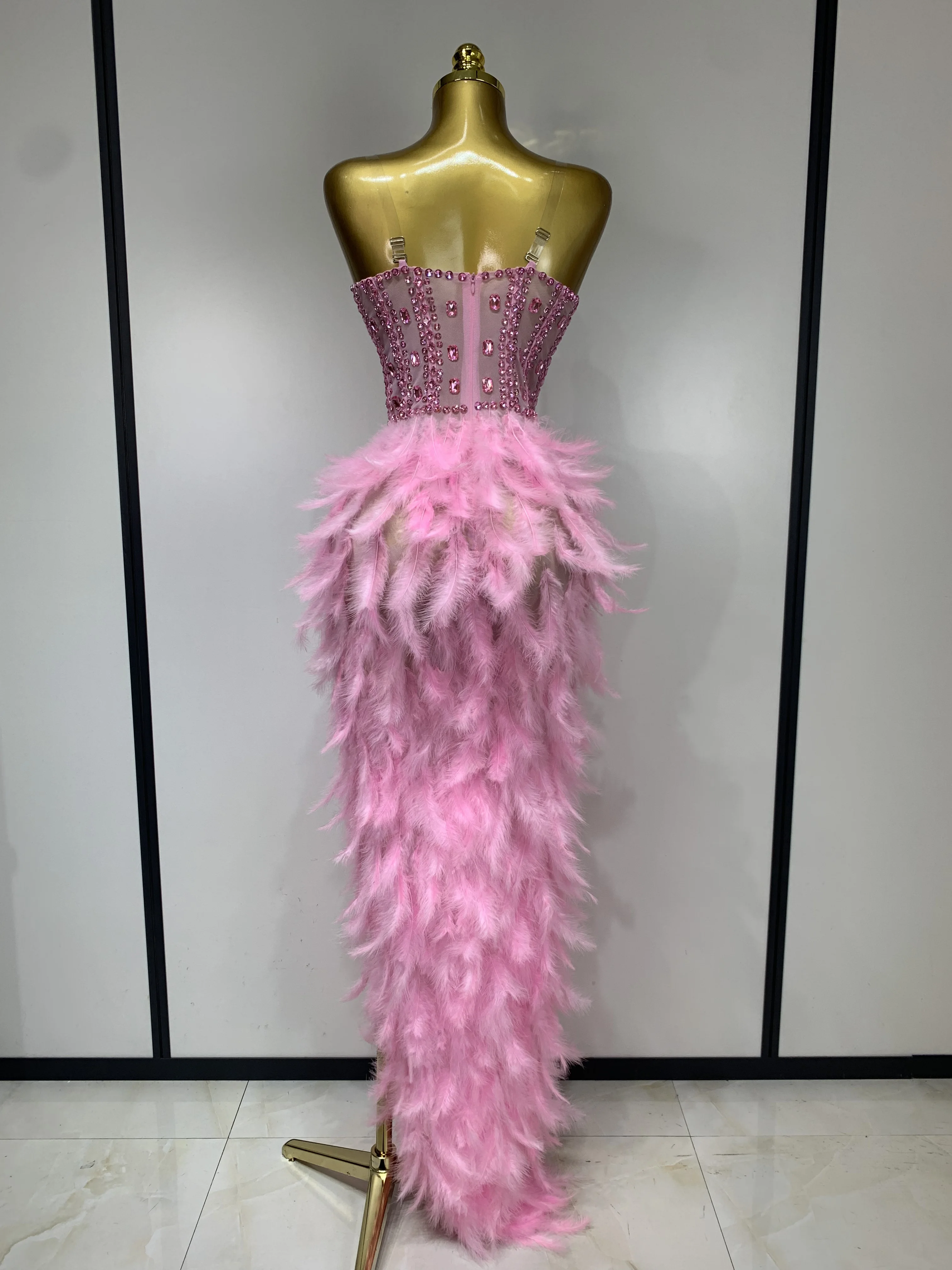 Women Sexy Sparkly Rhinestone Feather Mesh Long Dress Elegant Evening Party Celebrate Luxury Birthday Singer Stage Costume