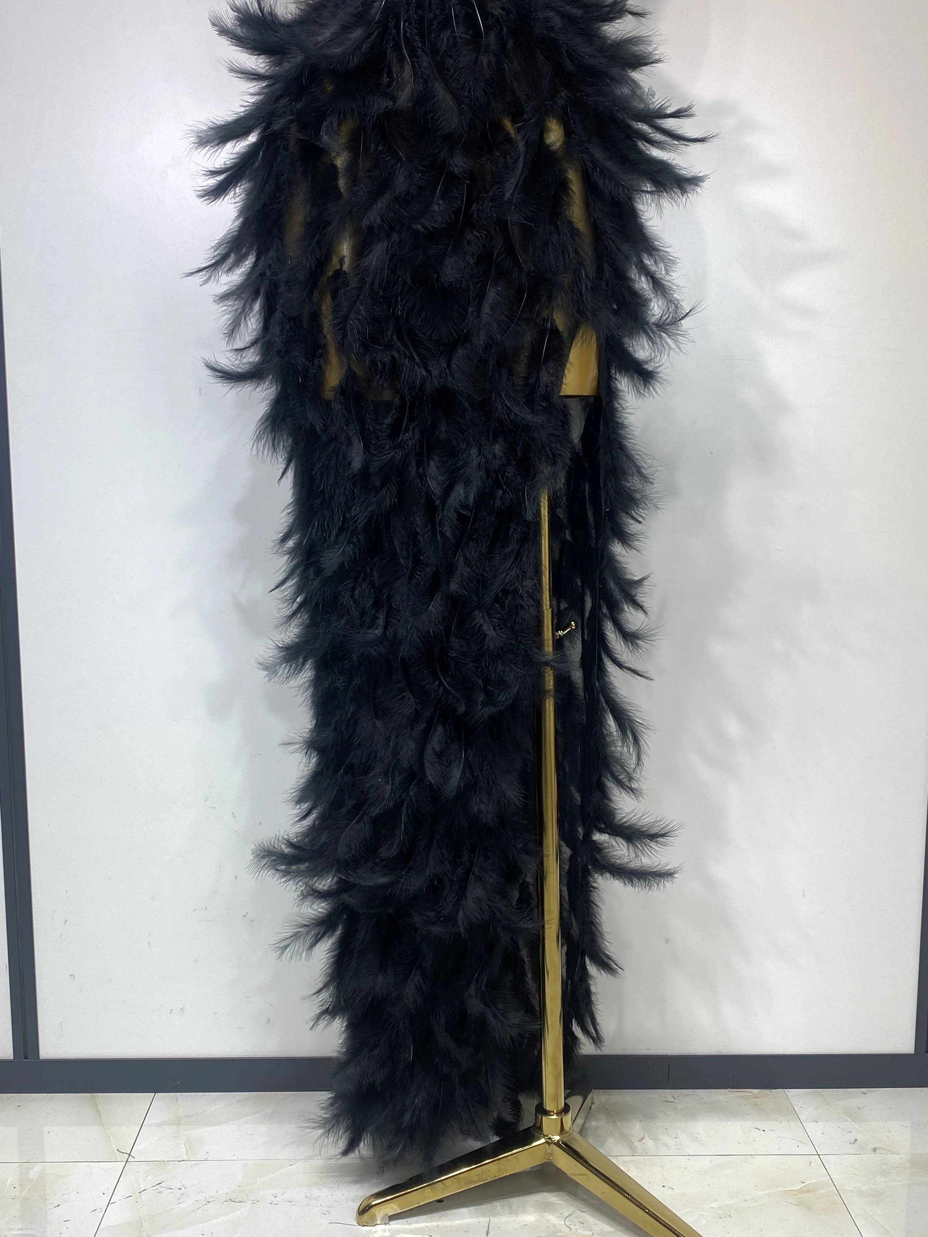Women Sexy Sparkly Rhinestone Feather Mesh Long Dress Elegant Evening Party Celebrate Luxury Birthday Singer Stage Costume