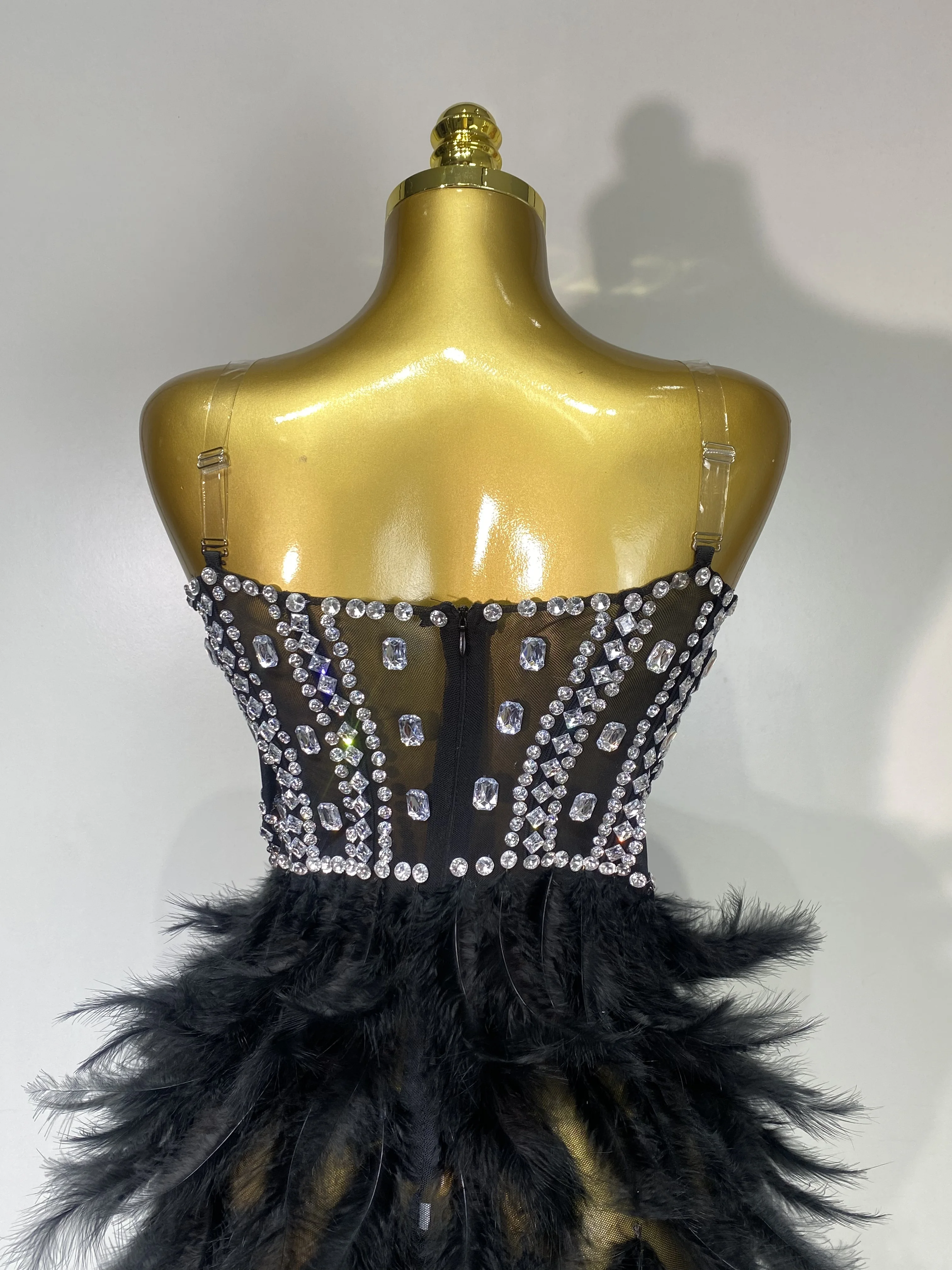 Women Sexy Sparkly Rhinestone Feather Mesh Long Dress Elegant Evening Party Celebrate Luxury Birthday Singer Stage Costume