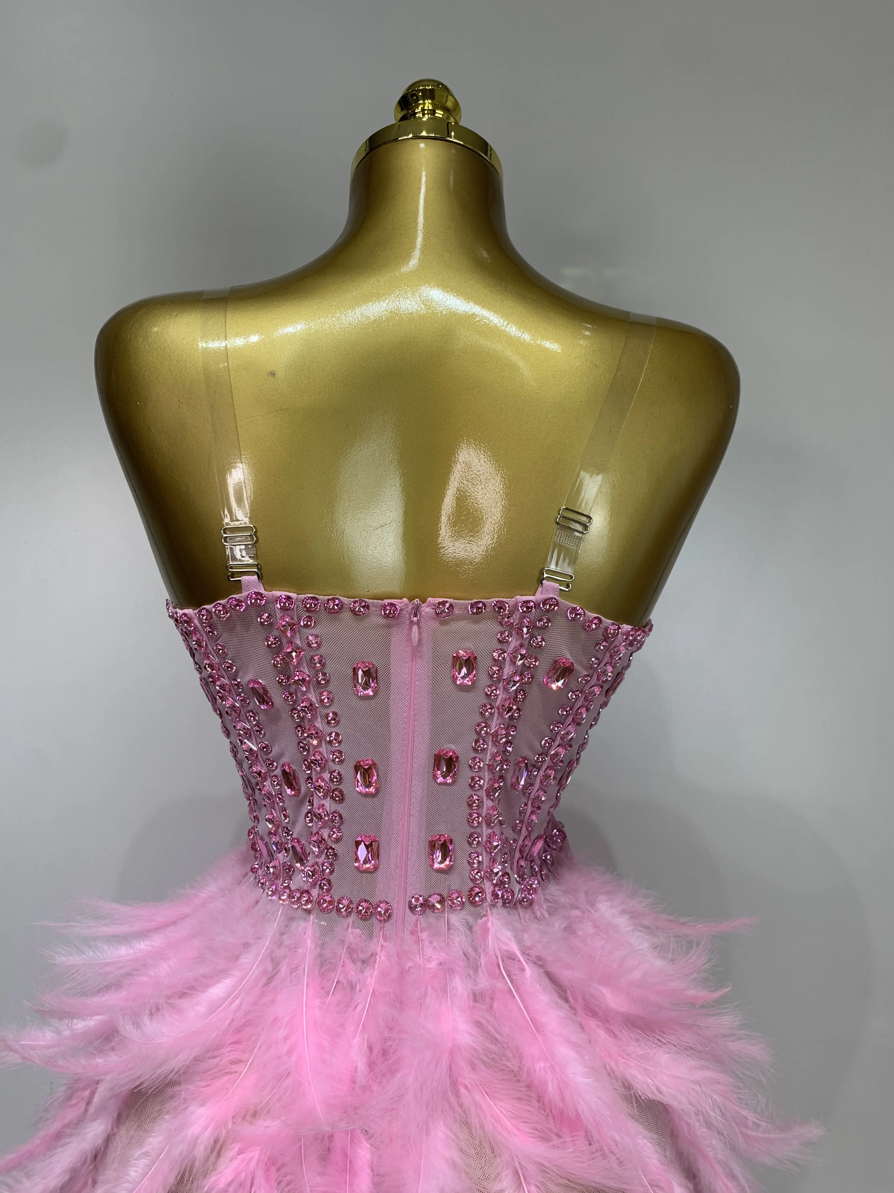 Women Sexy Sparkly Rhinestone Feather Mesh Long Dress Elegant Evening Party Celebrate Luxury Birthday Singer Stage Costume