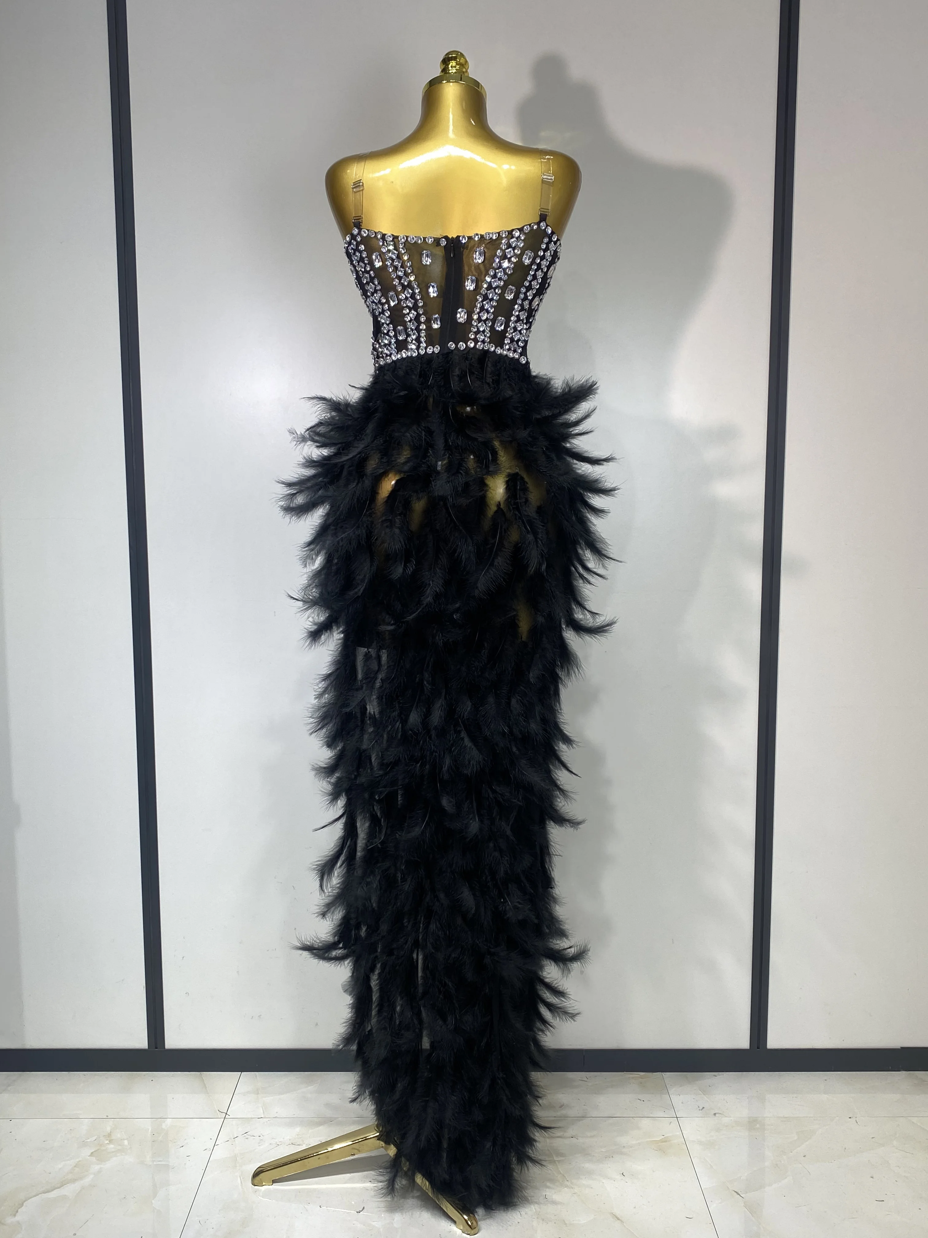 Women Sexy Sparkly Rhinestone Feather Mesh Long Dress Elegant Evening Party Celebrate Luxury Birthday Singer Stage Costume
