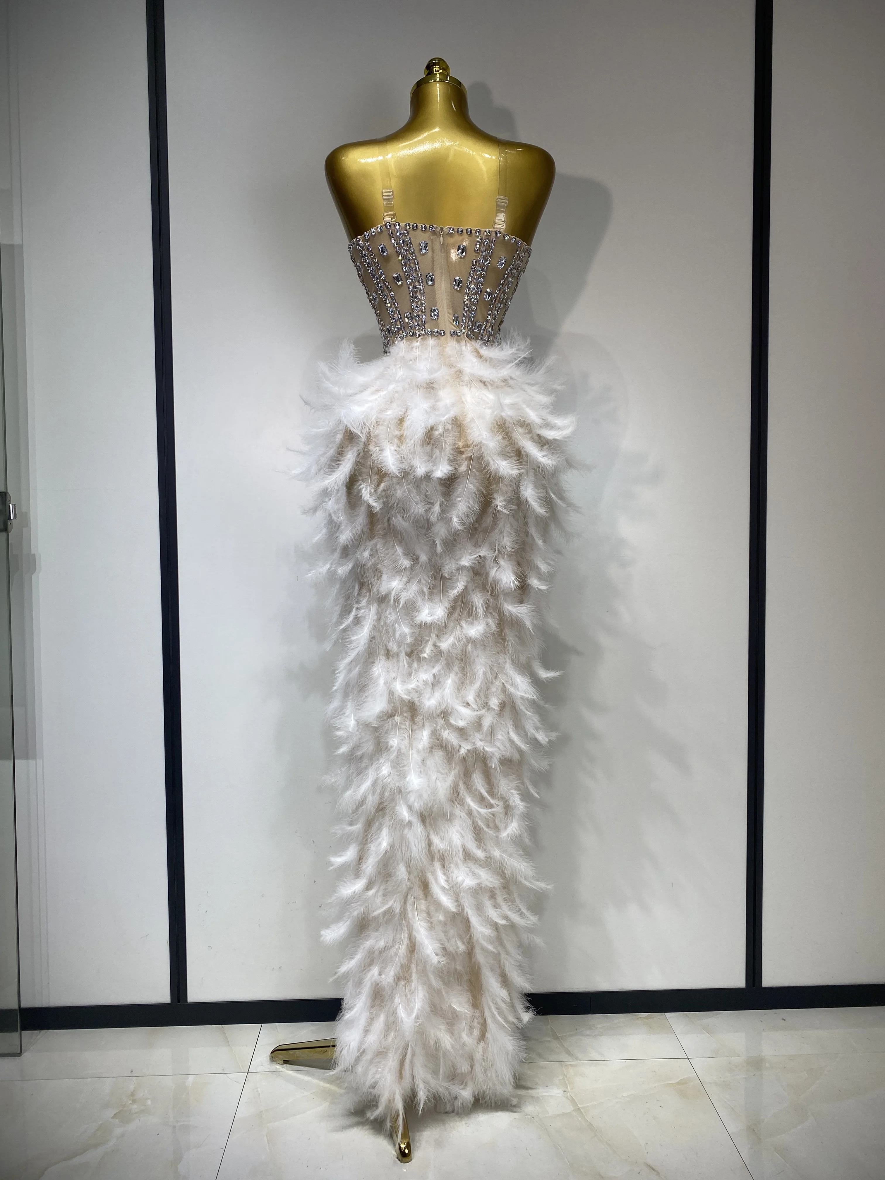 Women Sexy Sparkly Rhinestone Feather Mesh Long Dress Elegant Evening Party Celebrate Luxury Birthday Singer Stage Costume