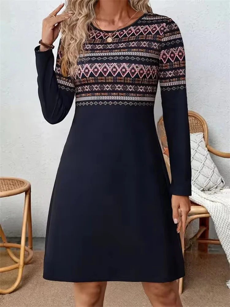 Tribal Ethnic Style Pattern Print Dresses For Women 2025 Autumn Winter Dress Fashion Long Sleeve Loose Dresses Female Clothing