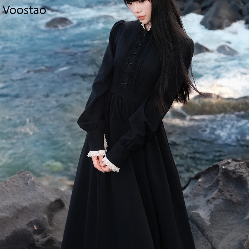 Japanese Dark Gothic Style Halloween Lolita Dress Autumn Women Vintage Long Sleeves Slim Dresses Female Elegant Y2k Party Dress