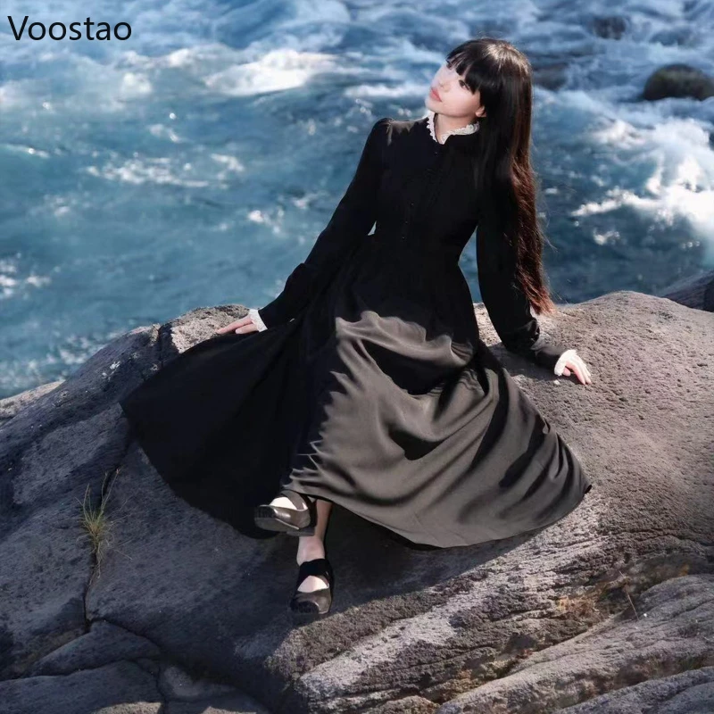 Japanese Dark Gothic Style Halloween Lolita Dress Autumn Women Vintage Long Sleeves Slim Dresses Female Elegant Y2k Party Dress