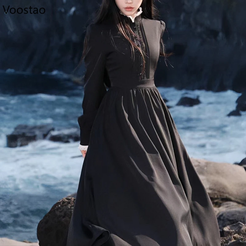 Japanese Dark Gothic Style Halloween Lolita Dress Autumn Women Vintage Long Sleeves Slim Dresses Female Elegant Y2k Party Dress