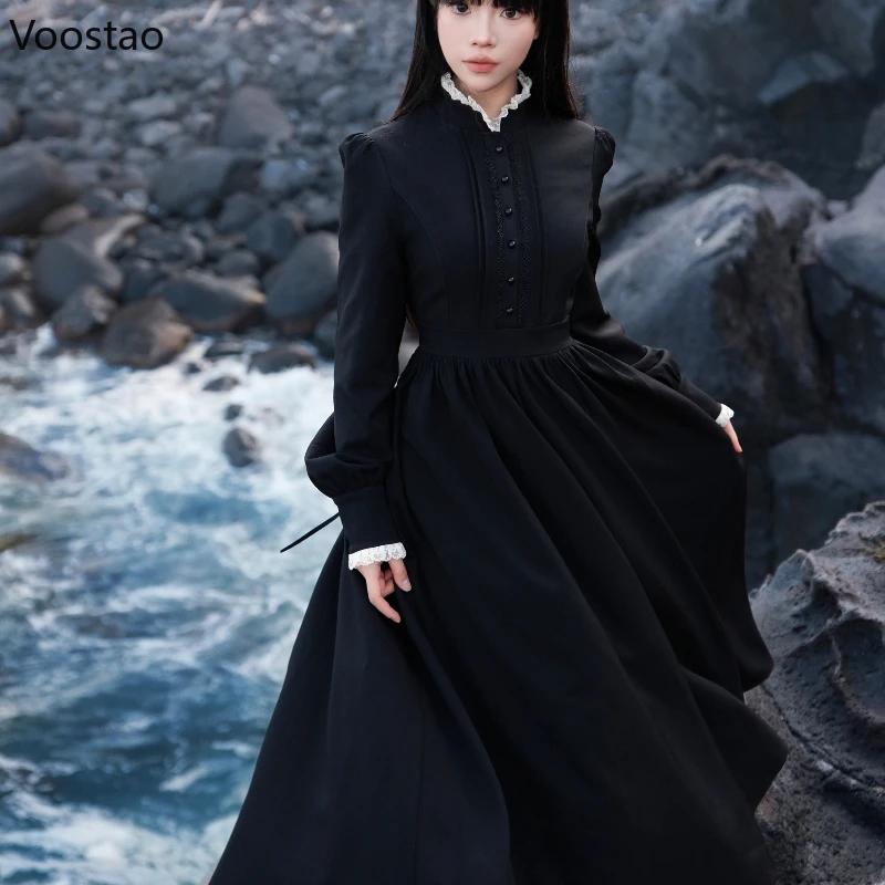 Japanese Dark Gothic Style Halloween Lolita Dress Autumn Women Vintage Long Sleeves Slim Dresses Female Elegant Y2k Party Dress