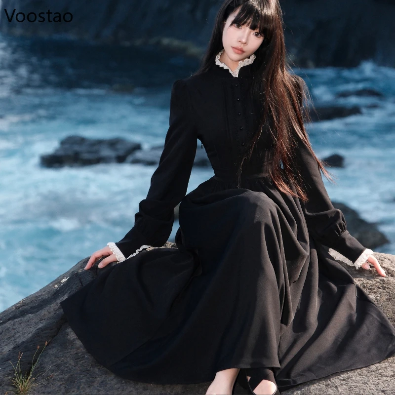 Japanese Dark Gothic Style Halloween Lolita Dress Autumn Women Vintage Long Sleeves Slim Dresses Female Elegant Y2k Party Dress