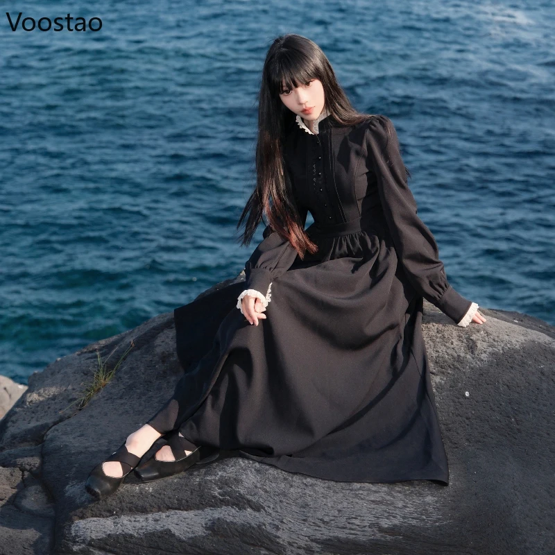 Japanese Dark Gothic Style Halloween Lolita Dress Autumn Women Vintage Long Sleeves Slim Dresses Female Elegant Y2k Party Dress