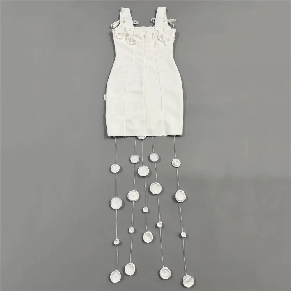 New Arrival Women Summer Fashion 3D Flowers Tassel Mini Bodycon Bandage Sleeveless Casual Party Dress