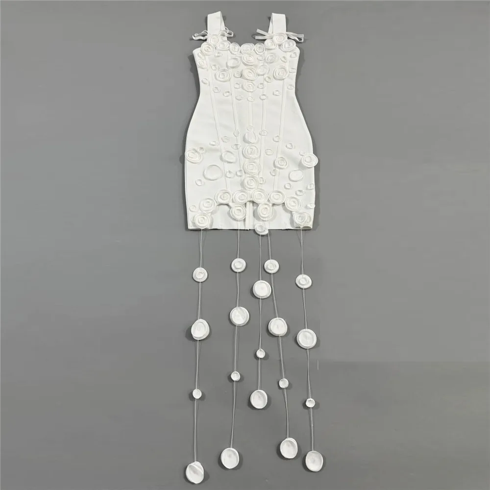 New Arrival Women Summer Fashion 3D Flowers Tassel Mini Bodycon Bandage Sleeveless Casual Party Dress