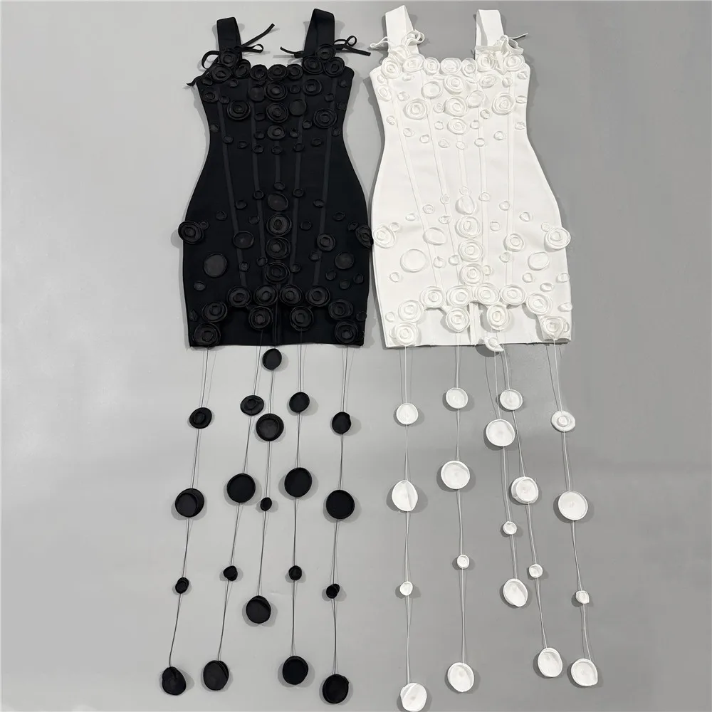 New Arrival Women Summer Fashion 3D Flowers Tassel Mini Bodycon Bandage Sleeveless Casual Party Dress