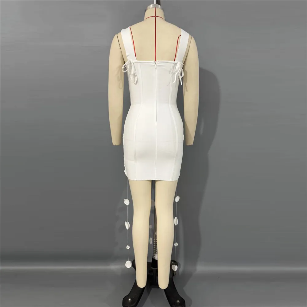 New Arrival Women Summer Fashion 3D Flowers Tassel Mini Bodycon Bandage Sleeveless Casual Party Dress
