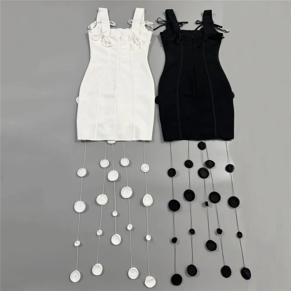 New Arrival Women Summer Fashion 3D Flowers Tassel Mini Bodycon Bandage Sleeveless Casual Party Dress