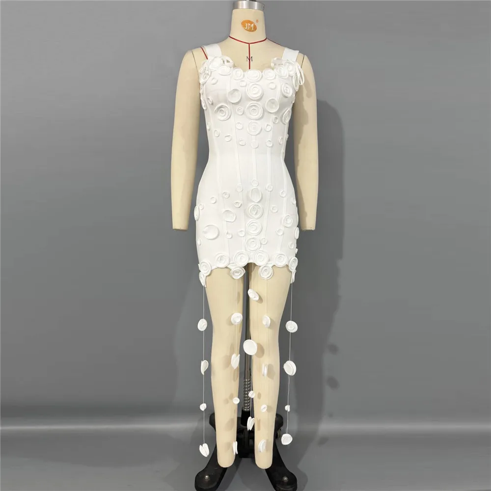 New Arrival Women Summer Fashion 3D Flowers Tassel Mini Bodycon Bandage Sleeveless Casual Party Dress
