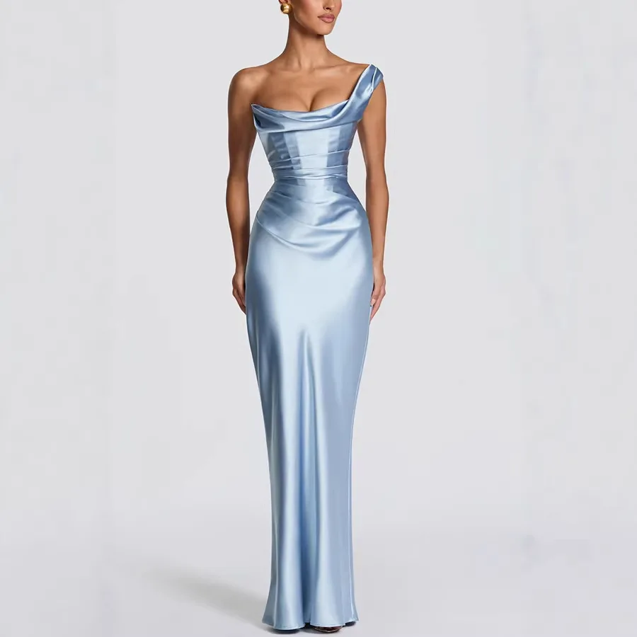 New One Shoulder Satin Women 's Maxi Dress Cowl Neck Ruched Waist Bodycon Dresses Summer Woman Formal Evening Party Vestidos