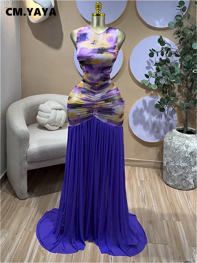 CM.YAYA Women Printed Ruched Stacked Sleeveless Long Maxi Dress 2026 Summer Evening Party Beach Vacation Sexy Dresses Vestido