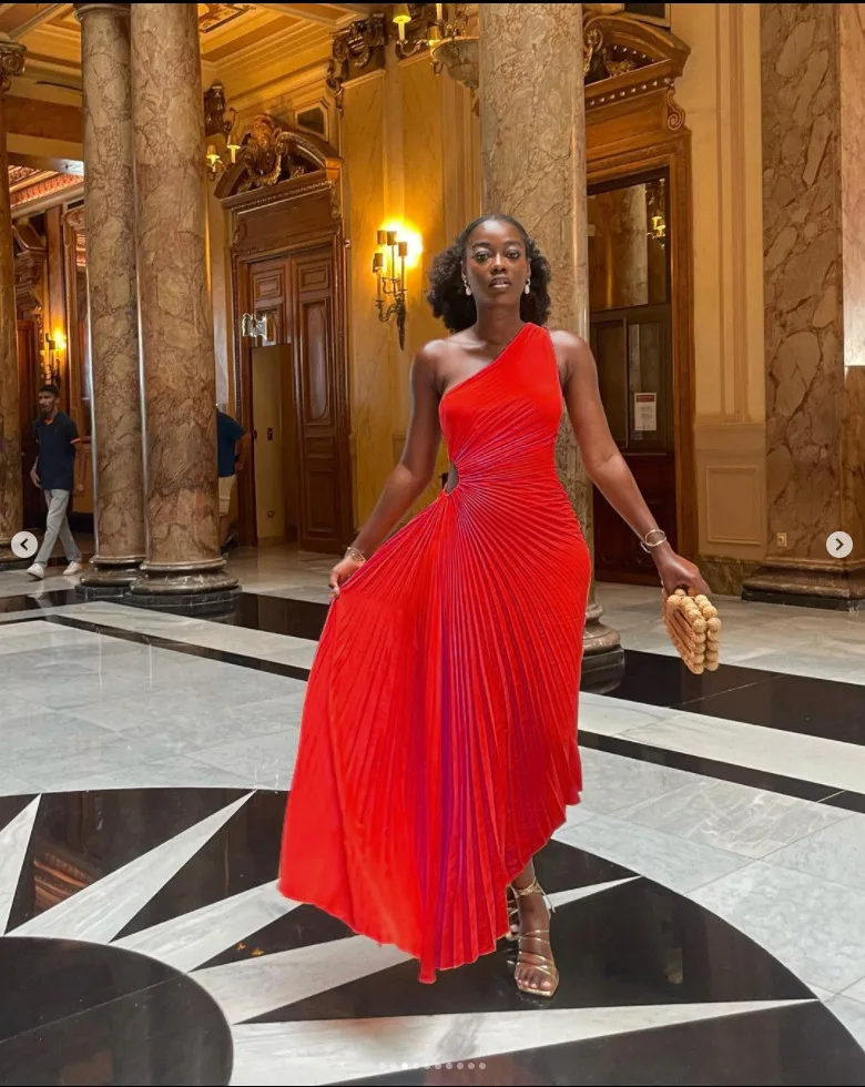 CMYAYA Women One Shoulder Sleeveless Roll Waist Pleated Ruched A-line Dress Sexy Party Prom Evening Maxi Dresses Orange Vestidos