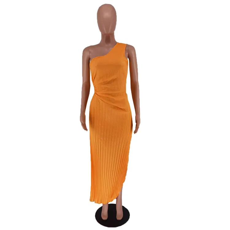 CMYAYA Women One Shoulder Sleeveless Roll Waist Pleated Ruched A-line Dress Sexy Party Prom Evening Maxi Dresses Orange Vestidos